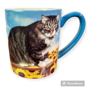 Rocky Selland Lowell Herrero 2012 Gray Cat & Sunflowers Ceramic Coffee Mug